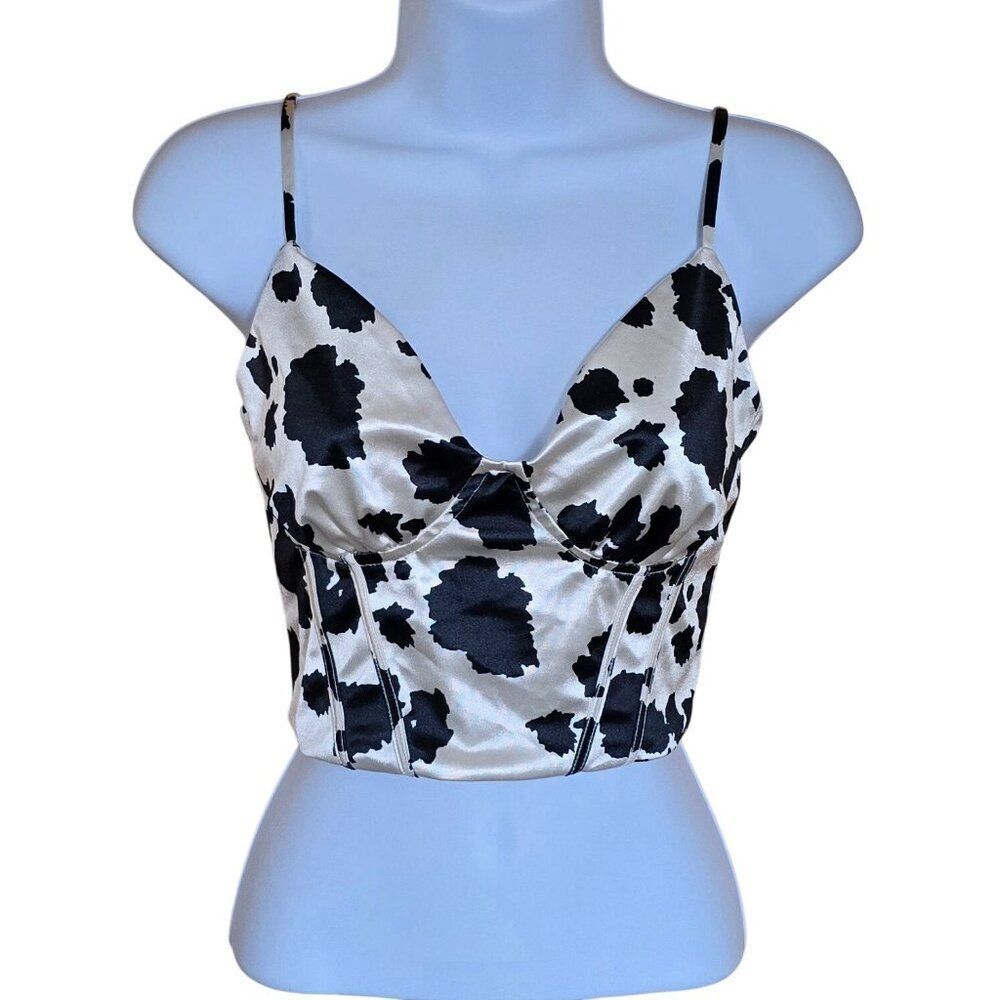 Black & White Cow Print Corset Crop Top adj. Straps Satin babydoll fairycore